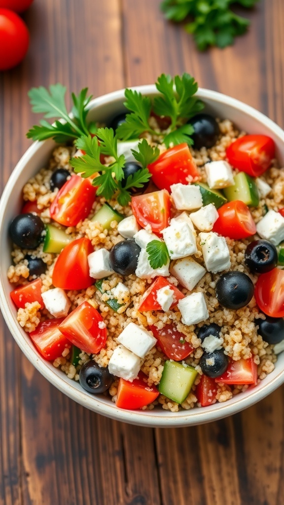 A colorful Greek quinoa salad with tomatoes, cucumbers, olives, feta, and parsley in a bowl.